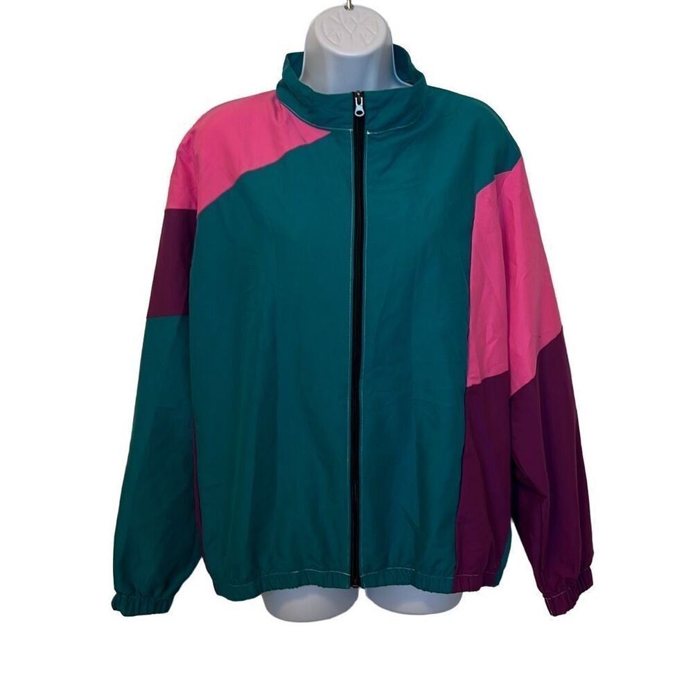 Long Shot Unisex Small Green‎ Purple Colorblock Full Zip Windbreaker Jacket 80's